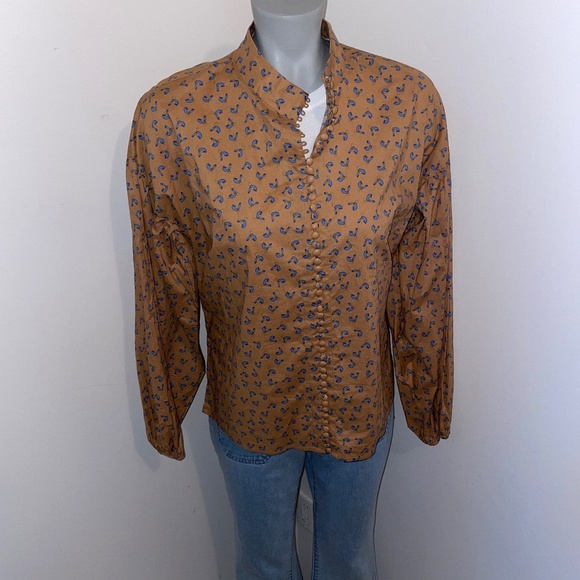JUST Female long sleeve button down tunic organic cotton tan blue floral small - Picture 2 of 9